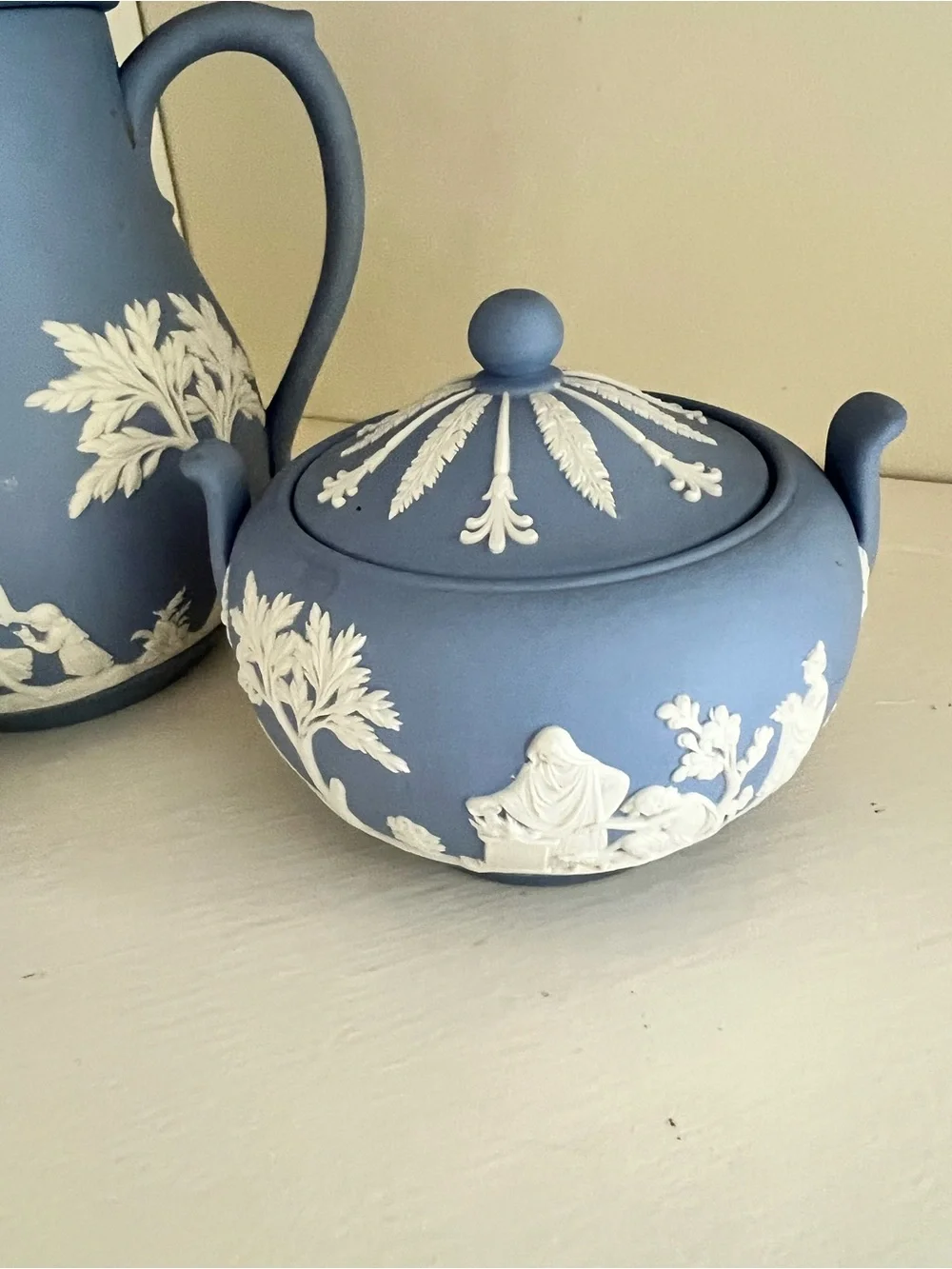 Iconic Wedgwood Blue Jasperware 3 Piece Coffee Service set Pristine Condition